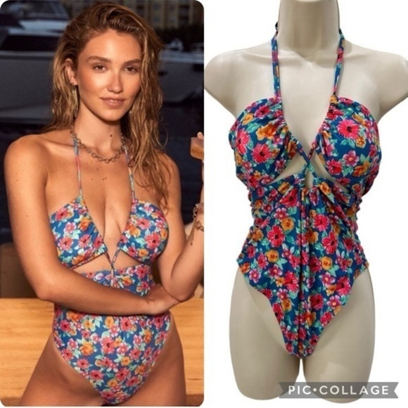 Lulus Cove Cutie Blue Floral Print Cutout One-Piece Swimsuit - Picture 1 of 13